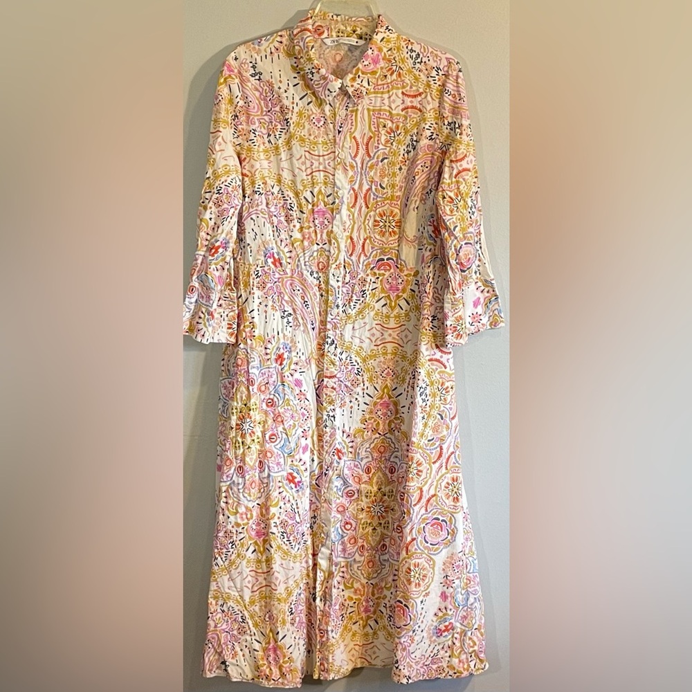 Zara Printed 100% Cotton Shirt Dress Midi Length Size XXL - Picture 3 of 9